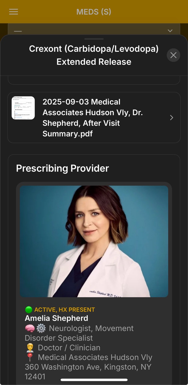 Medications Detail Page (Crexont, Relevant Files, Last Prescriber)